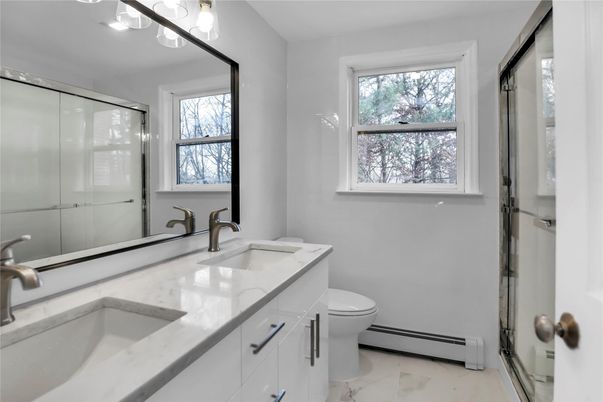 Bathroom, Dual Sink Vanities, Glass Shower, Interior, Marble