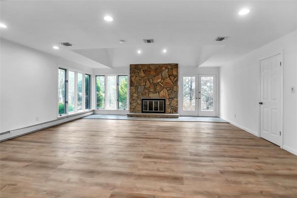 Empty room, Fireplace, Interior, Recessed Lighting, Wood Texture Flooring