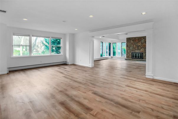 Empty room, Fireplace, Interior, Recessed Lighting, Wood Texture Flooring
