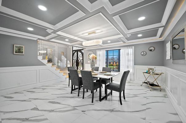 Chandelier, Dining room, Interior, Marble, Recessed Lighting