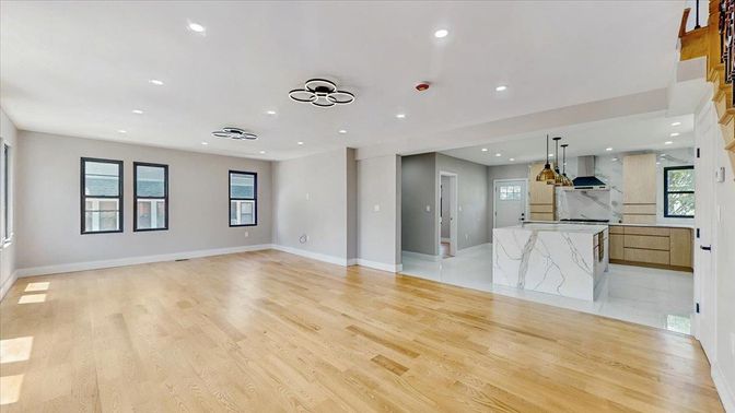 Empty room, Interior, Kitchen, Pendant Lights, Recessed Lighting, Wood Texture Flooring