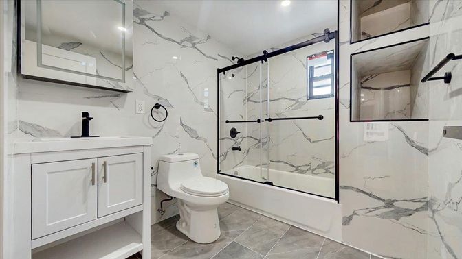 Bathroom, Glass Shower, Interior, Marble Walls, Recessed Lighting