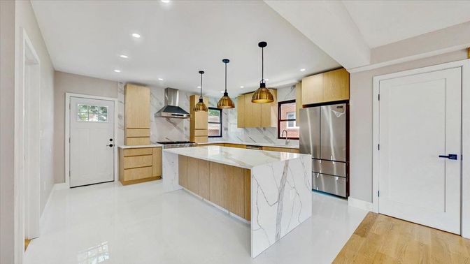 Interior, Kitchen, Pendant Lights, Recessed Lighting, Stainless Steel Appliances, Wood Texture Flooring
