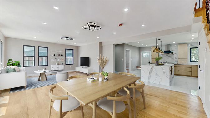 Dining room, Interior, Kitchen, Living room, Pendant Lights, Recessed Lighting, Wood Texture Flooring