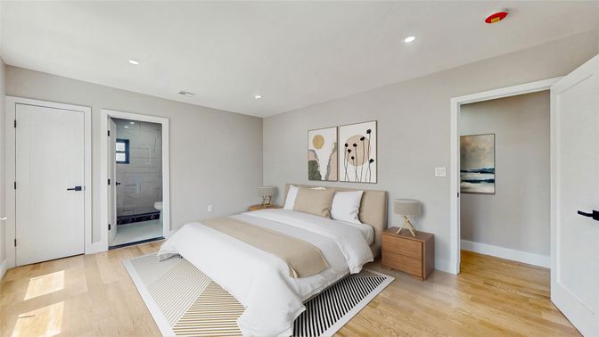 Bedroom, Interior, Recessed Lighting, Wood Texture Flooring