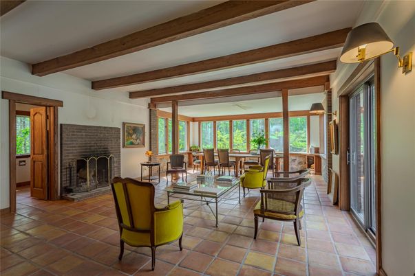 Dining room, Fireplace, Interior, Living room, Stone Walls, Wooden Beams