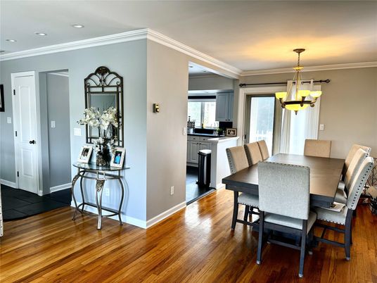 Dining room, Interior, Pendant Lights, Recessed Lighting, Wood Texture Flooring