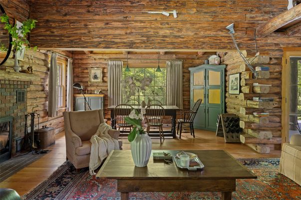 Dining room, Fireplace, Interior, Stone Walls, Wooden Ceilings, Wood Texture Flooring, Wooden Walls