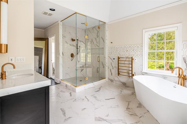 Bathroom, Free Standing Baths, Glass Shower, Interior, Marble, Marble Walls, Recessed Lighting