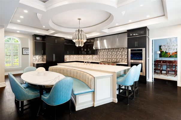 Chandelier, Dining room, Interior, Kitchen, Recessed Lighting, Stainless Steel Appliances, Wood Texture Flooring