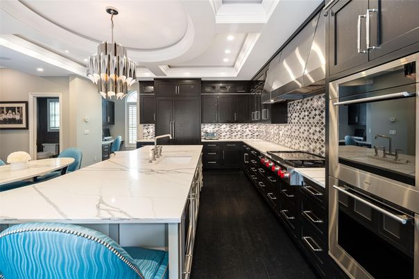 Chandelier, Interior, Kitchen, Pendant Lights, Recessed Lighting, Stainless Steel Appliances, Wood Texture Flooring