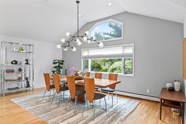 Dining room, Interior, Pendant Lights, Recessed Lighting, Wood Texture Flooring