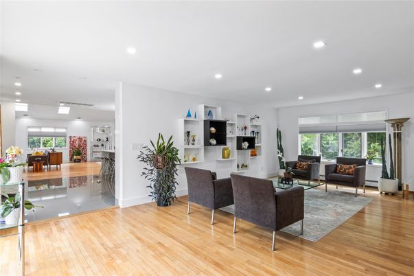 Dining room, Interior, Living room, Recessed Lighting, Wood Texture Flooring
