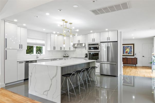 Interior, Kitchen, Pendant Lights, Recessed Lighting, Stainless Steel Appliances, Wood Texture Flooring