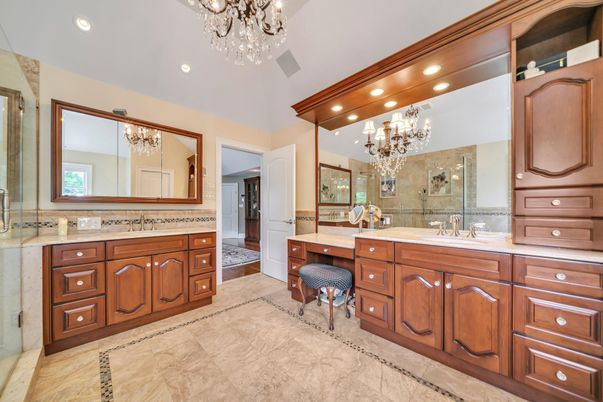 Bathroom, Chandelier, Dual Sink Vanities, Interior, Recessed Lighting