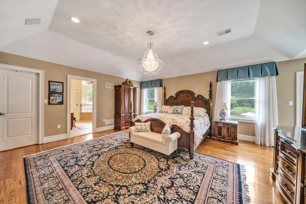 Bedroom, Chandelier, Interior, Recessed Lighting, Wood Texture Flooring