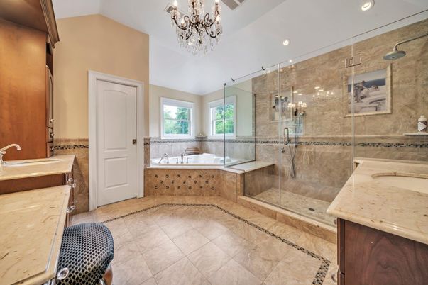 Bathroom, Chandelier, Glass Shower, Interior, Recessed Lighting