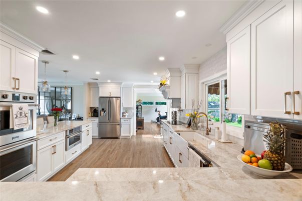 Interior, Kitchen, Pendant Lights, Recessed Lighting, Stainless Steel Appliances, Wood Texture Flooring