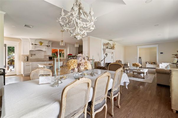 Chandelier, Dining room, Interior, Kitchen, Living room, Pendant Lights, Recessed Lighting, Wood Texture Flooring