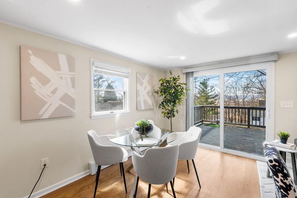 Dining room, Interior, Recessed Lighting, Wood Texture Flooring