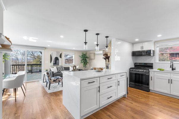 Interior, Kitchen, Living room, Pendant Lights, Recessed Lighting, Stainless Steel Appliances, Wood Texture Flooring