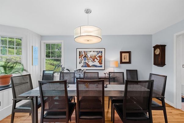Dining room, Interior, Pendant Lights, Wood Texture Flooring
