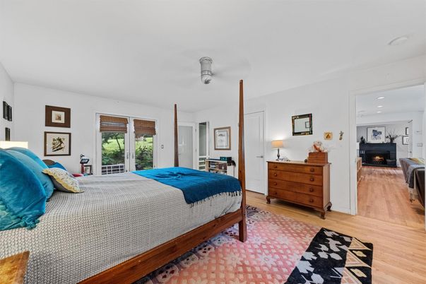 Bedroom, Fireplace, Interior, Recessed Lighting, Wood Texture Flooring