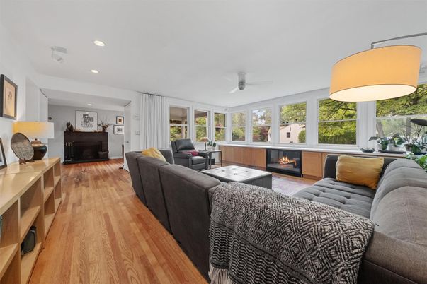 Fireplace, Interior, Living room, Recessed Lighting, Wood Texture Flooring