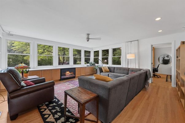 Fireplace, Interior, Living room, Recessed Lighting, Wood Texture Flooring