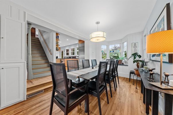 Dining room, Interior, Kitchen, Pendant Lights, Recessed Lighting, Stainless Steel Appliances, Wood Texture Flooring