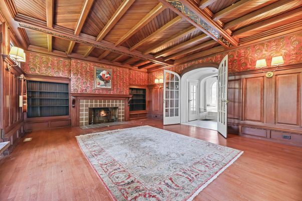 Empty room, Fireplace, Interior, Wooden Beams, Wooden Ceilings, Wood Texture Flooring, Wooden Walls