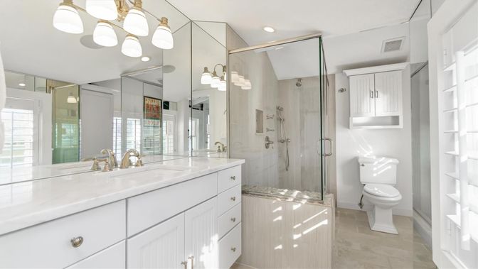 Bathroom, Glass Shower, Interior, Recessed Lighting