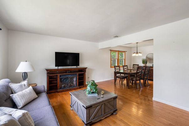 Dining room, Interior, Living room, Pendant Lights, Wood Texture Flooring