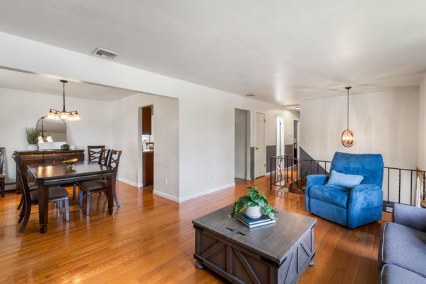 Dining room, Interior, Pendant Lights, Wood Texture Flooring