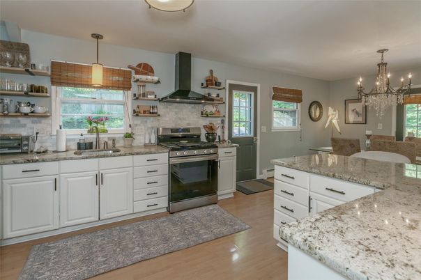 Chandelier, Interior, Kitchen, Pendant Lights, Stainless Steel Appliances, Wood Texture Flooring