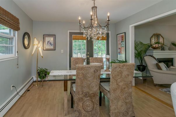 Chandelier, Dining room, Interior, Wood Texture Flooring