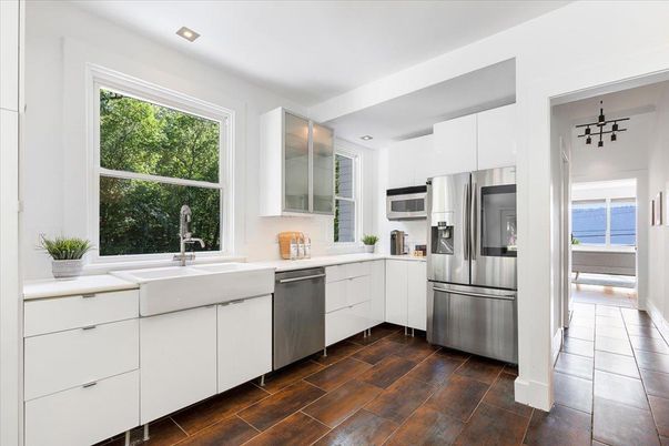 Interior, Kitchen, Recessed Lighting, Stainless Steel Appliances, Wood Texture Flooring