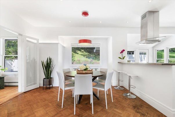 Dining room, Interior, Pendant Lights, Recessed Lighting, Wood Texture Flooring