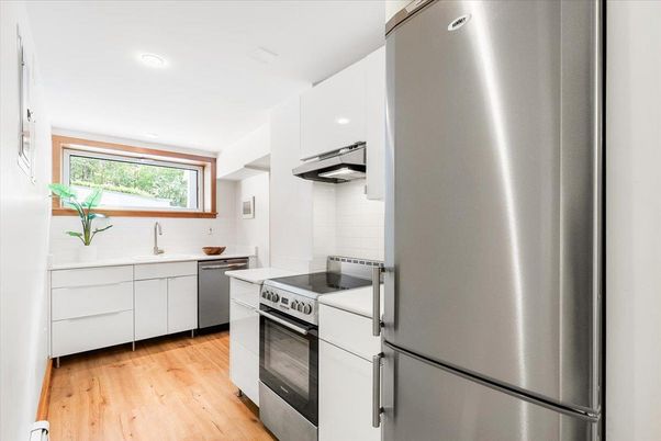 Interior, Kitchen, Recessed Lighting, Stainless Steel Appliances, Wood Texture Flooring