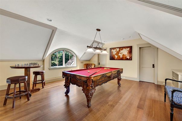 Billiard Table, Game Room, Interior, Pendant Lights, Recessed Lighting, Wood Texture Flooring