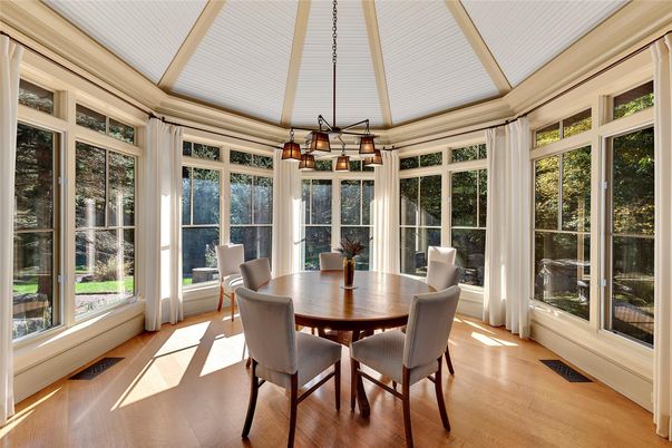 Dining room, Interior, Pendant Lights, Sun Room, Wood Texture Flooring
