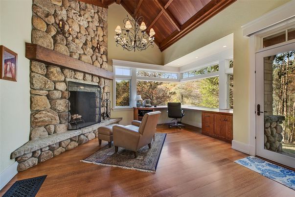 Chandelier, Fireplace, Home Office, Interior, Recessed Lighting, Stone Walls, Wooden Beams, Wooden Ceilings, Wood Texture Flooring