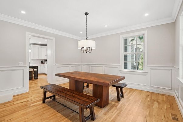 Dining room, Interior, Pendant Lights, Recessed Lighting, Wood Texture Flooring
