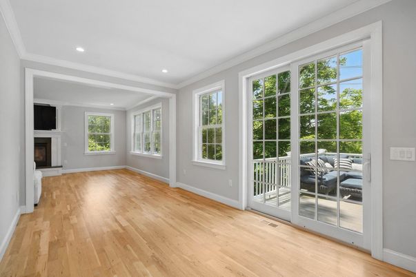 Empty room, Fireplace, Interior, Recessed Lighting, Wood Texture Flooring