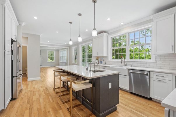 Interior, Kitchen, Pendant Lights, Recessed Lighting, Stainless Steel Appliances, Wood Texture Flooring
