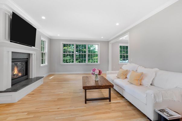 Fireplace, Interior, Living room, Recessed Lighting, Wood Texture Flooring