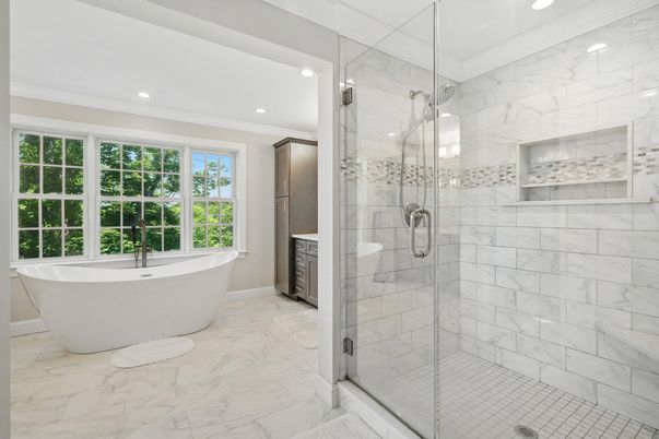 Bathroom, Free Standing Baths, Glass Shower, Interior, Marble, Marble Walls, Recessed Lighting