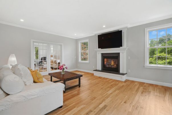 Fireplace, Interior, Living room, Recessed Lighting, Wood Texture Flooring