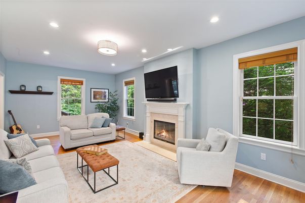Fireplace, Interior, Living room, Recessed Lighting, Wood Texture Flooring