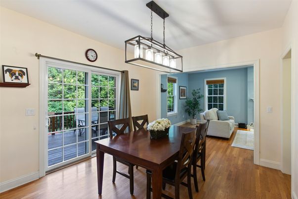 Dining room, Interior, Pendant Lights, Wood Texture Flooring